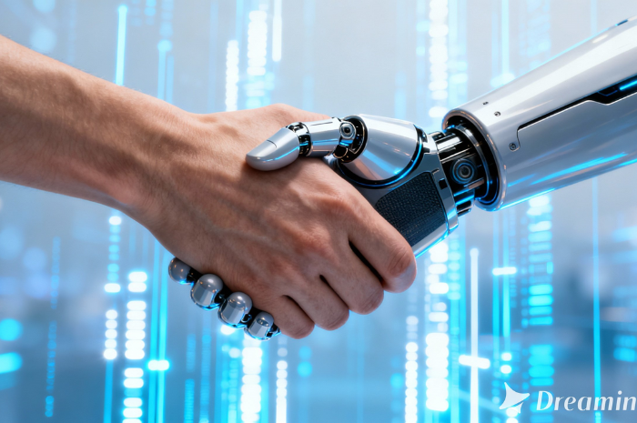 Ilustrasi manusia berdampingan dengan teknologi kecerdasan buatan dalam kehidupan sehari-hari