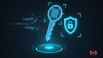 Ilustrasi teknologi keamanan siber JatiNetwork yang menampilkan ikon kunci digital (Passkey) dengan pemindaian sidik jari atau wajah sebagai pengganti kata sandi.