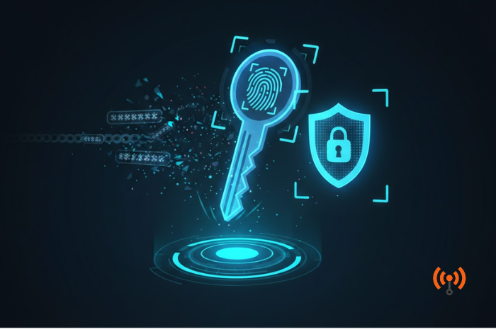 Ilustrasi teknologi keamanan siber JatiNetwork yang menampilkan ikon kunci digital (Passkey) dengan pemindaian sidik jari atau wajah sebagai pengganti kata sandi.