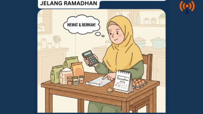 Ilustrasi ibu rumah tangga mengatur keuangan belanja bahan pokok menjelang Ramadhan 2026 hemat cerdas