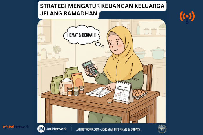 Ilustrasi ibu rumah tangga mengatur keuangan belanja bahan pokok menjelang Ramadhan 2026 hemat cerdas