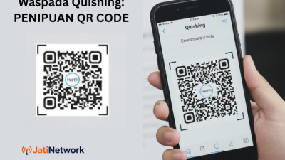 Ilustrasi keamanan siber JatiNetwork: Peringatan bahaya (alert) saat memindai QR Code palsu dengan smartphone untuk mencegah penipuan digital.