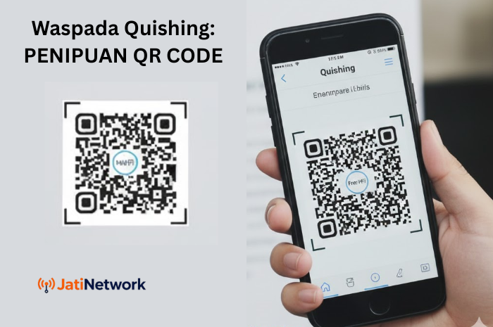 Ilustrasi keamanan siber JatiNetwork: Peringatan bahaya (alert) saat memindai QR Code palsu dengan smartphone untuk mencegah penipuan digital.