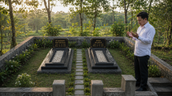 Seorang pria berdoa di samping makam orang tuanya di bawah cahaya pagi yang tenang sebagai simbol bakti dan kerinduan.