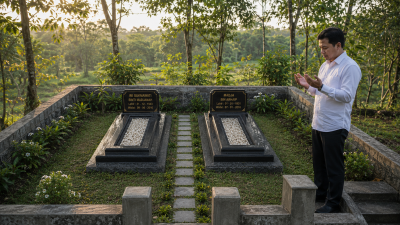 Seorang pria berdoa di samping makam orang tuanya di bawah cahaya pagi yang tenang sebagai simbol bakti dan kerinduan.