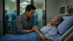 Seorang anak menggenggam tangan ibunya sebelum operasi amputasi di rumah sakit.