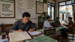 Seorang pengurus lingkungan menyusun administrasi program dana kematian berbasis gotong royong di sebuah masjid
