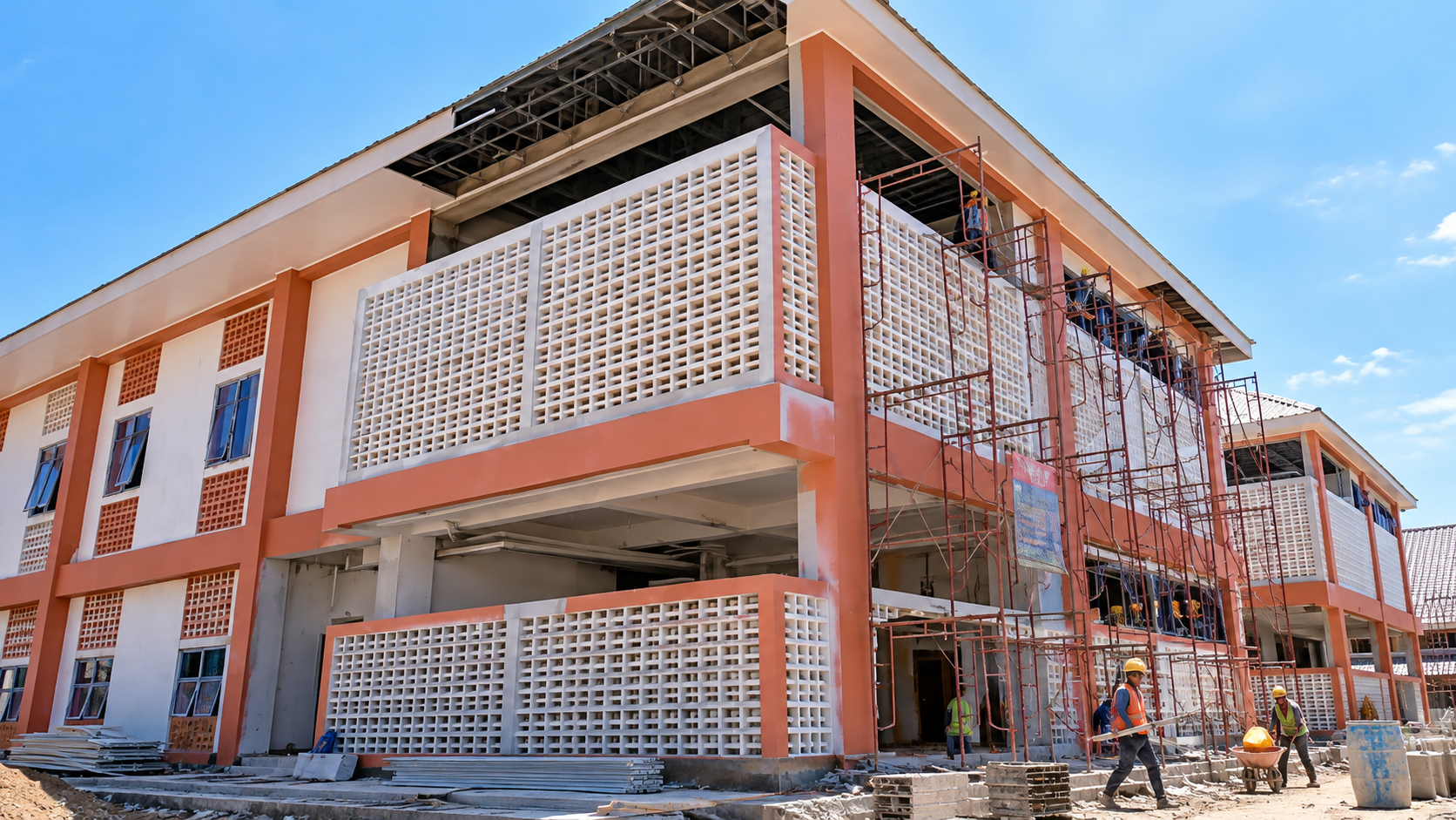Pembangunan Sekolah Rakyat Sumedang di Desa Sakurjaya menggunakan metode stick on wall untuk mempercepat finishing.